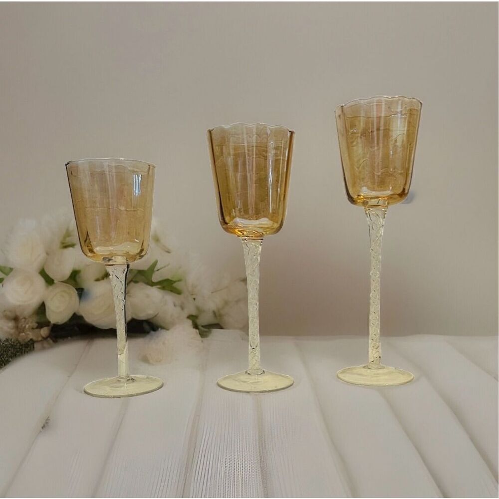 Vintage Set Of 3 Blown Amber /Gold Glass Tiered Votive Holders Airtwist Stem